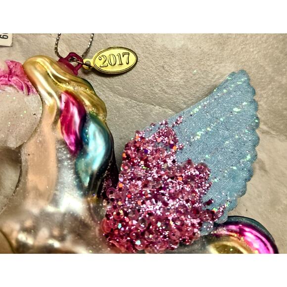 Sparkly Rainbow Unicorn Blown Glass Christmas Ornament Holiday Keepsake 2017 - Picture 5 of 8